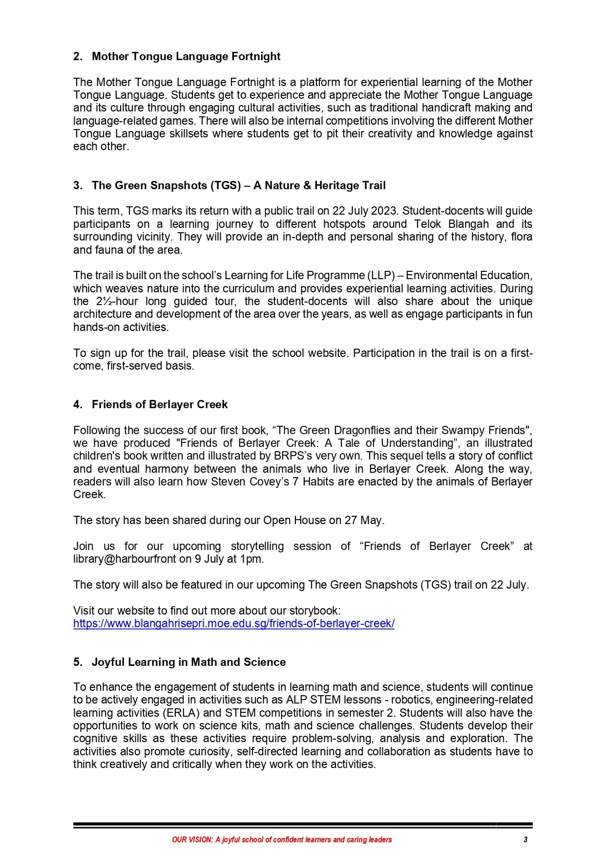 Page 3 of a school newsletter covering Mother Tongue Fortnight, nature trail, storybook, and math and science programs.